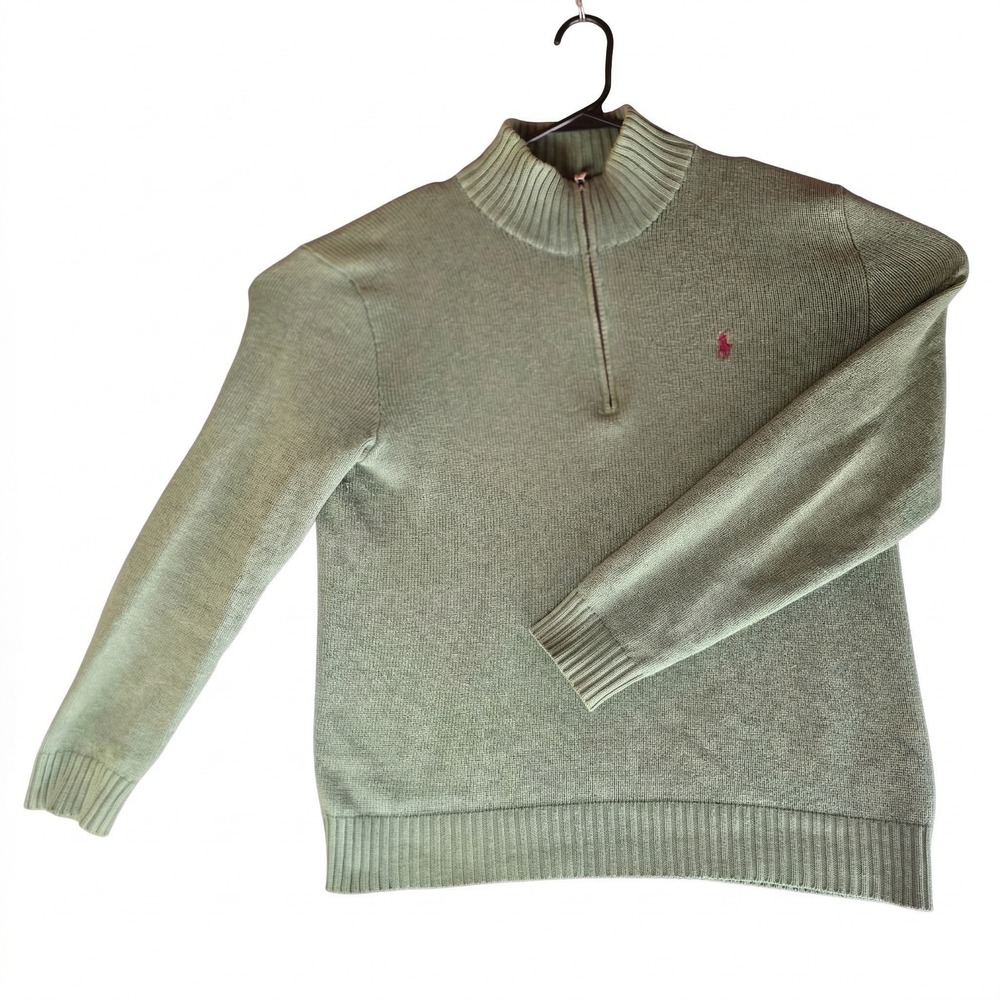 Polo Ralph Lauren Mens Quarter Zip Sweater Sage Green Cotton Knit Pony Logo M